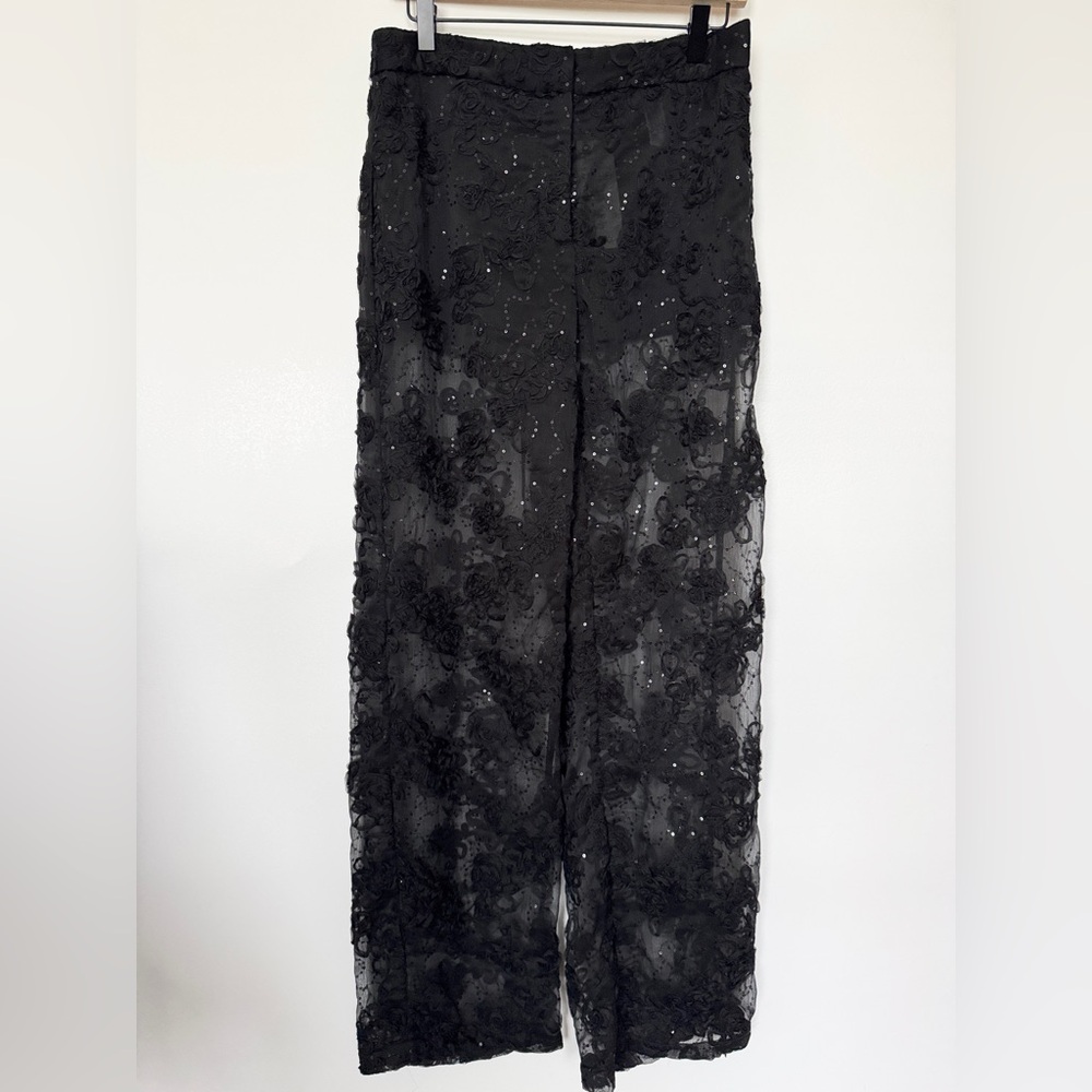 ZARA 8497/751/800 197/015 FLORAL STRUCTURED SEQUINS SEMI-SHEER PANTS - Picture 2 of 16